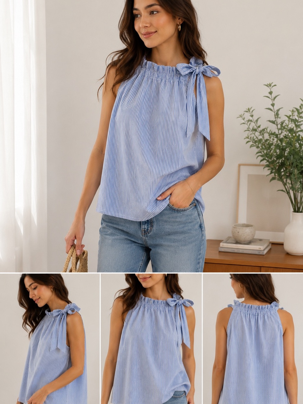Women's Blue & White Pinstripe Tie-Shoulder Sleeveless Blouse | Flowy Summer Top